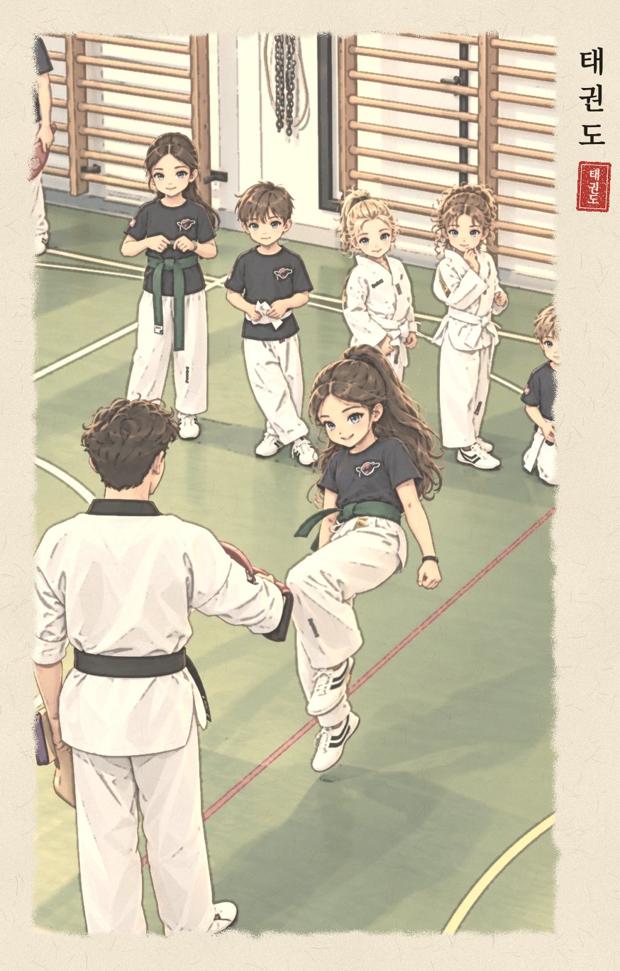 Illustration with a traditional Korean paper-and-ink finish: children in a taekwondo class; a girl with a green belt kicks a pad held by a black-belt instructor while her classmates watch.